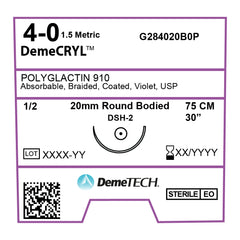 DemeCRYL, Polyglactin 910 Suture, Synthetic Absorbable, DSH-2, 20mm, 1/2 Circle, Round Bodied Needle, Violet, USP Size 4-0, 30 inches, (75cm)