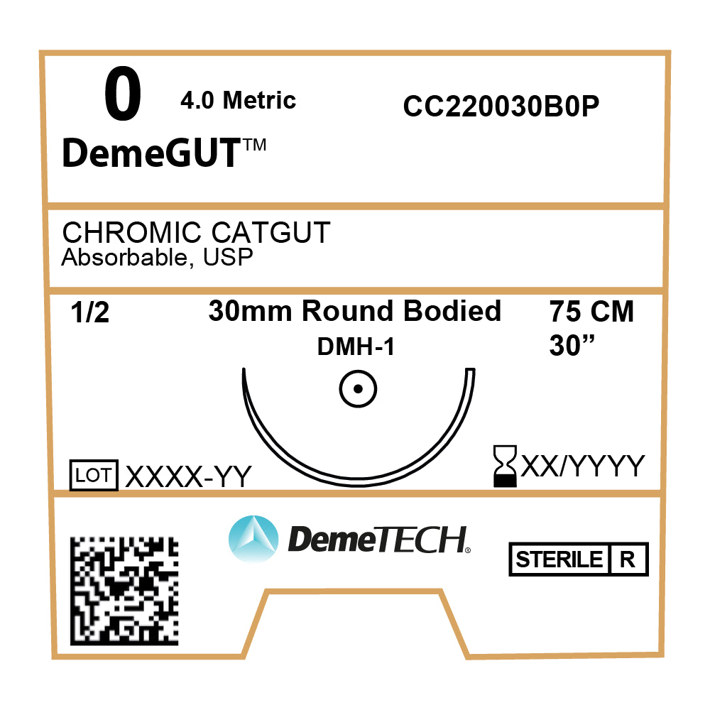 DemeGUT, Chromic Catgut Suture, Absorbable, DMH-1, 30mm, 1/2 Circle, Round Bodied Needle, Brown, USP Size 0, 30 inches, (75cm)