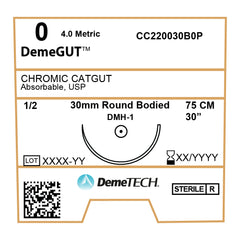 DemeGUT, Chromic Catgut Suture, Absorbable, DMH-1, 30mm, 1/2 Circle, Round Bodied Needle, Brown, USP Size 0, 30 inches, (75cm)