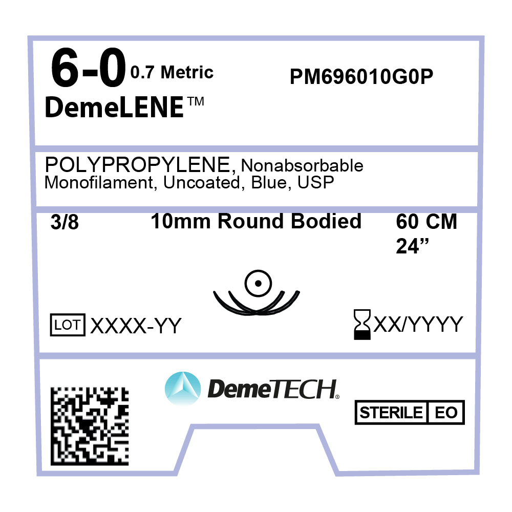 DemeLENE, Polypropylene Suture, Synthetic Non-absorbable, , 10mm, 3/8 Circle (DOUBLE), Round Bodied Needle, Blue, USP Size 6-0, 24 inches, (60cm)