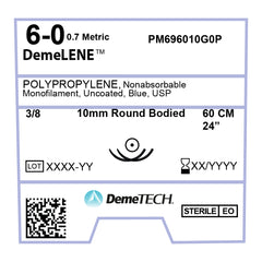 DemeLENE, Polypropylene Suture, Synthetic Non-absorbable, , 10mm, 3/8 Circle (DOUBLE), Round Bodied Needle, Blue, USP Size 6-0, 24 inches, (60cm)