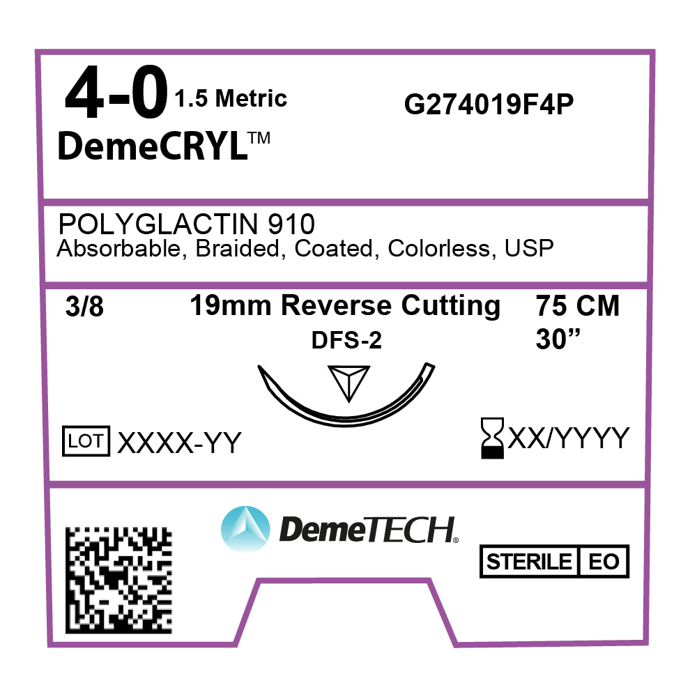 DemeCRYL, Polyglactin 910 Suture, Synthetic Absorbable, DFS-2, 19mm, 3/8 Circle, Reverse Cutting Needle, Colorless, USP Size 4-0, 30 inches, (75cm)