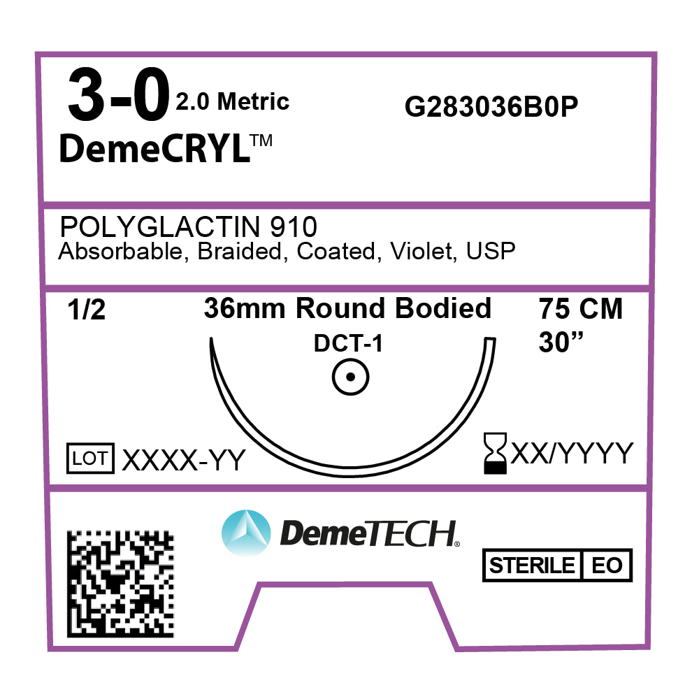 DemeCRYL, Polyglactin 910 Suture, Synthetic Absorbable, DCT-1, 36mm, 1/2 Circle, Round Bodied Needle, Violet, USP Size 3-0, 30 inches, (75cm)