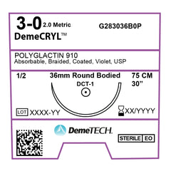 DemeCRYL, Polyglactin 910 Suture, Synthetic Absorbable, DCT-1, 36mm, 1/2 Circle, Round Bodied Needle, Violet, USP Size 3-0, 30 inches, (75cm)