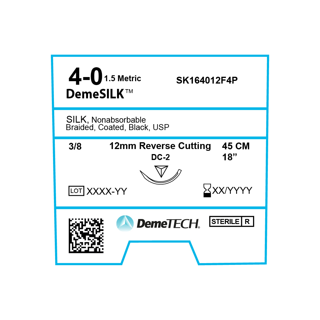 DemeSILK, Silk Suture, Synthetic Non-absorbable, DC-2, 12mm, 3/8 Circle, Reverse Cutting Needle, Black, USP Size 4-0, 18 inches, (45cm)