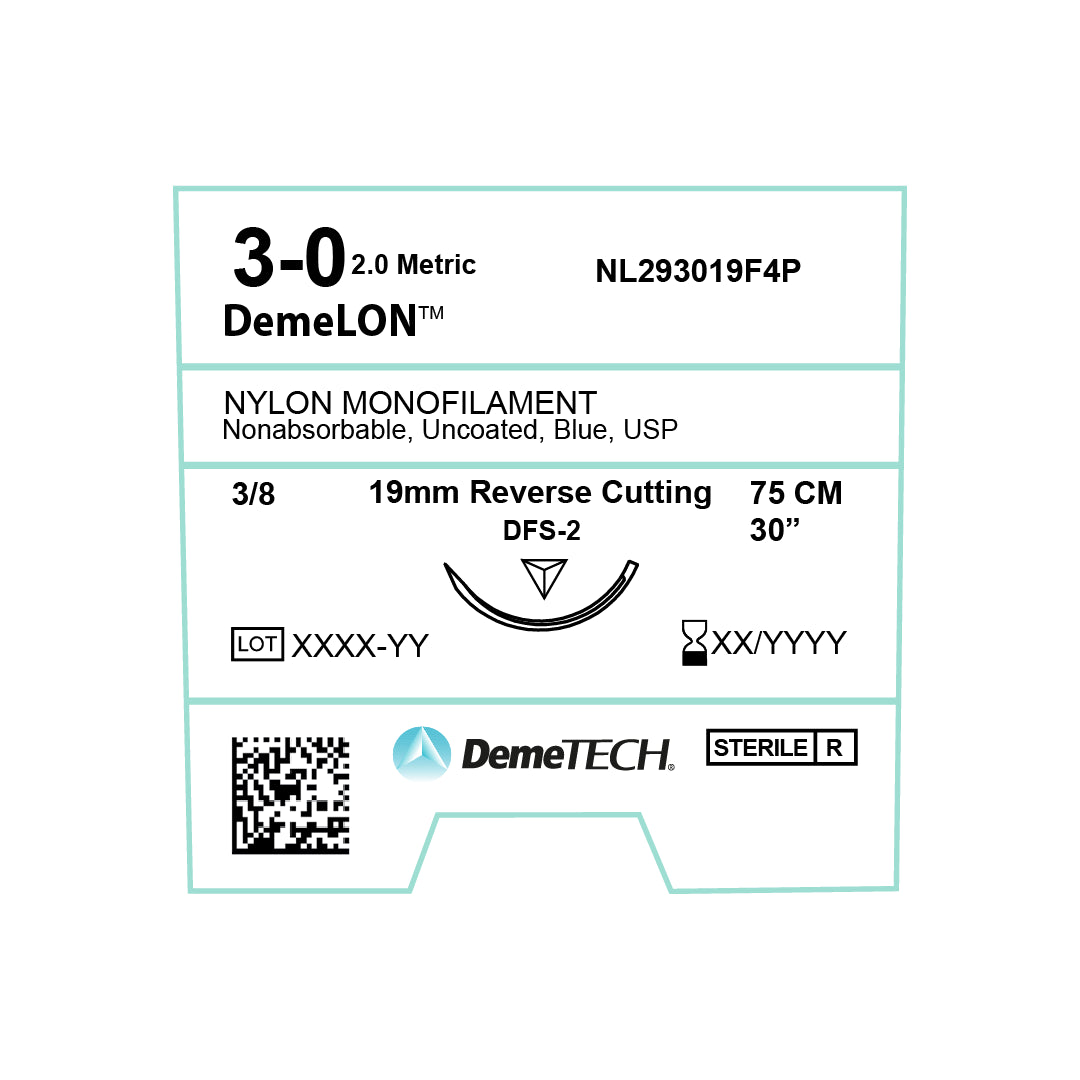 DemeLON, Nylon Monofilament Suture, Synthetic Non-absorbable, DFS-2, 19mm, 3/8 Circle, Reverse Cutting Needle, Blue, USP Size 3-0, 30 inches, (75cm)