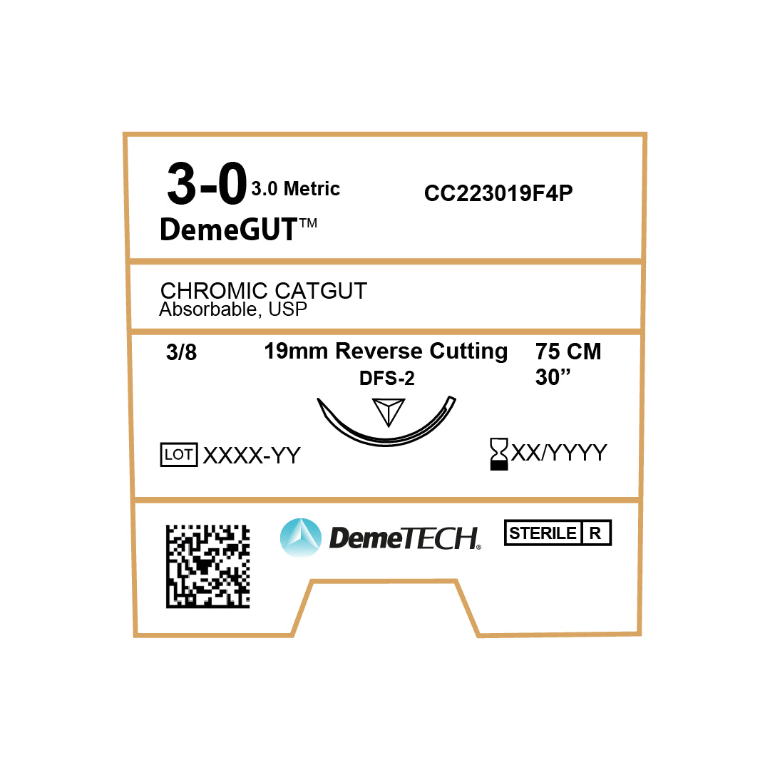 DemeGUT, Chromic Catgut Suture, Absorbable, DFS-2, 19mm, 3/8 Circle, Reverse Cutting Needle, Brown, USP Size 3-0, 30 inches, (75cm)