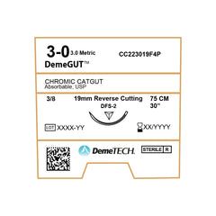 DemeGUT, Chromic Catgut Suture, Absorbable, DFS-2, 19mm, 3/8 Circle, Reverse Cutting Needle, Brown, USP Size 3-0, 30 inches, (75cm)
