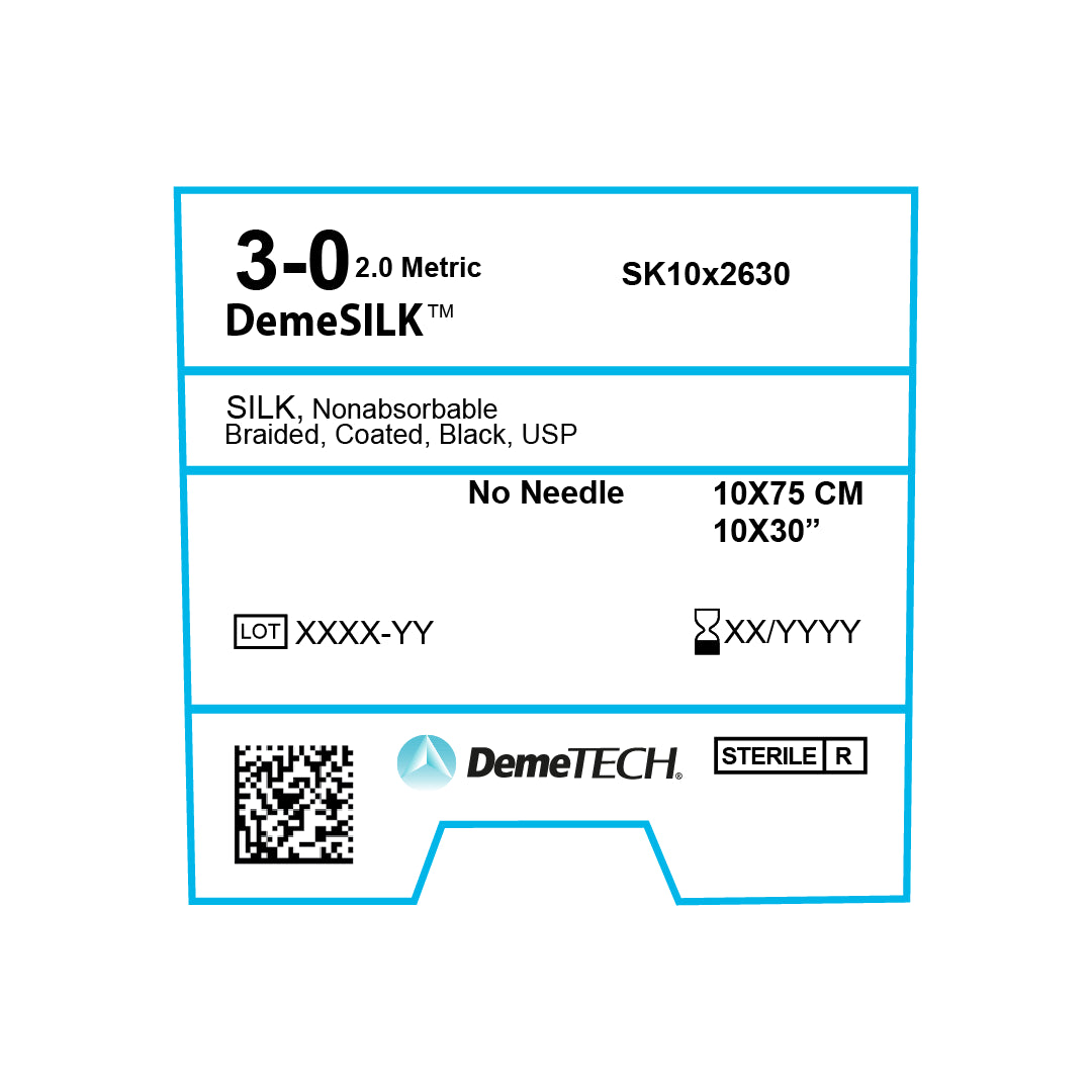 DemeSILK, Silk Suture, Synthetic Non-absorbable, , No Needle, Black, USP Size 3-0, 30 inches, (75cm)