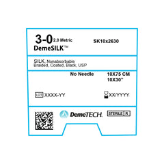 DemeSILK, Silk Suture, Synthetic Non-absorbable, , No Needle, Black, USP Size 3-0, 30 inches, (75cm)
