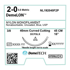 DemeLON, Nylon Monofilament Suture, Synthetic Non-absorbable, DCFSLX, 40mm, 3/8 Circle, Curved Cutting Needle, Blue, USP Size 2-0, 18 inches, (45cm)