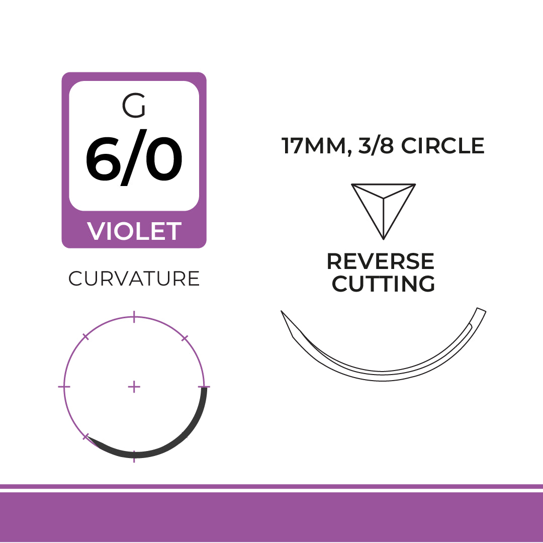 DemeCRYL, Polyglactin 910 Suture, Synthetic Absorbable, , 17mm, 3/8 Circle, Reverse Cutting Needle, Violet, USP Size 6-0, 30 inches, (75cm)